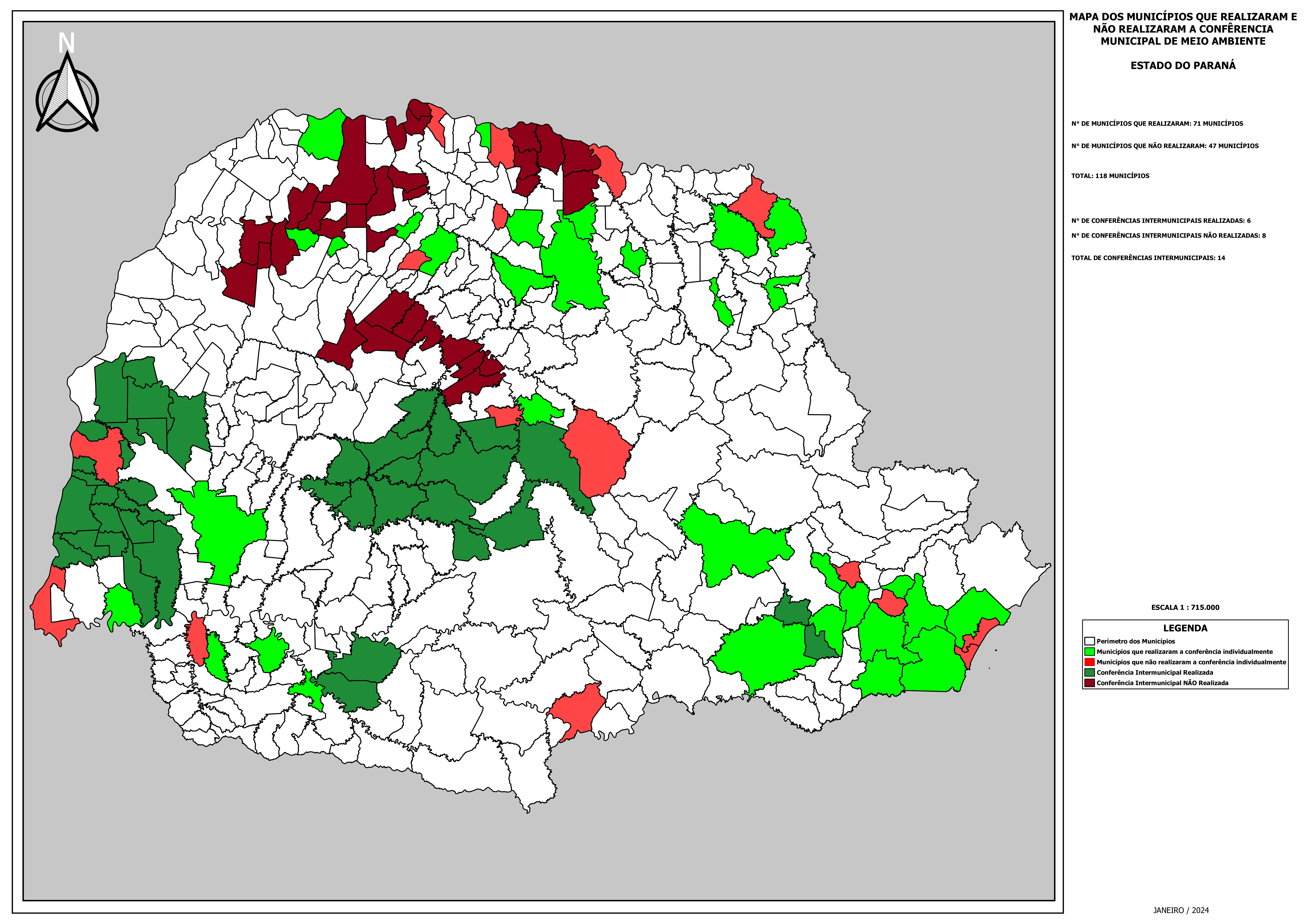 Mapa do Estado do Paraná com divisão dos municípios. A maioria dos municípios estão em branco. Parte dos municípios está em verde, indicando que realizaram suas conferencias e outra parte está em vermelho, indicando que convocaram as conferências, mas ainda não realizaram. Municípios em branco não realizaram nem convocaram.