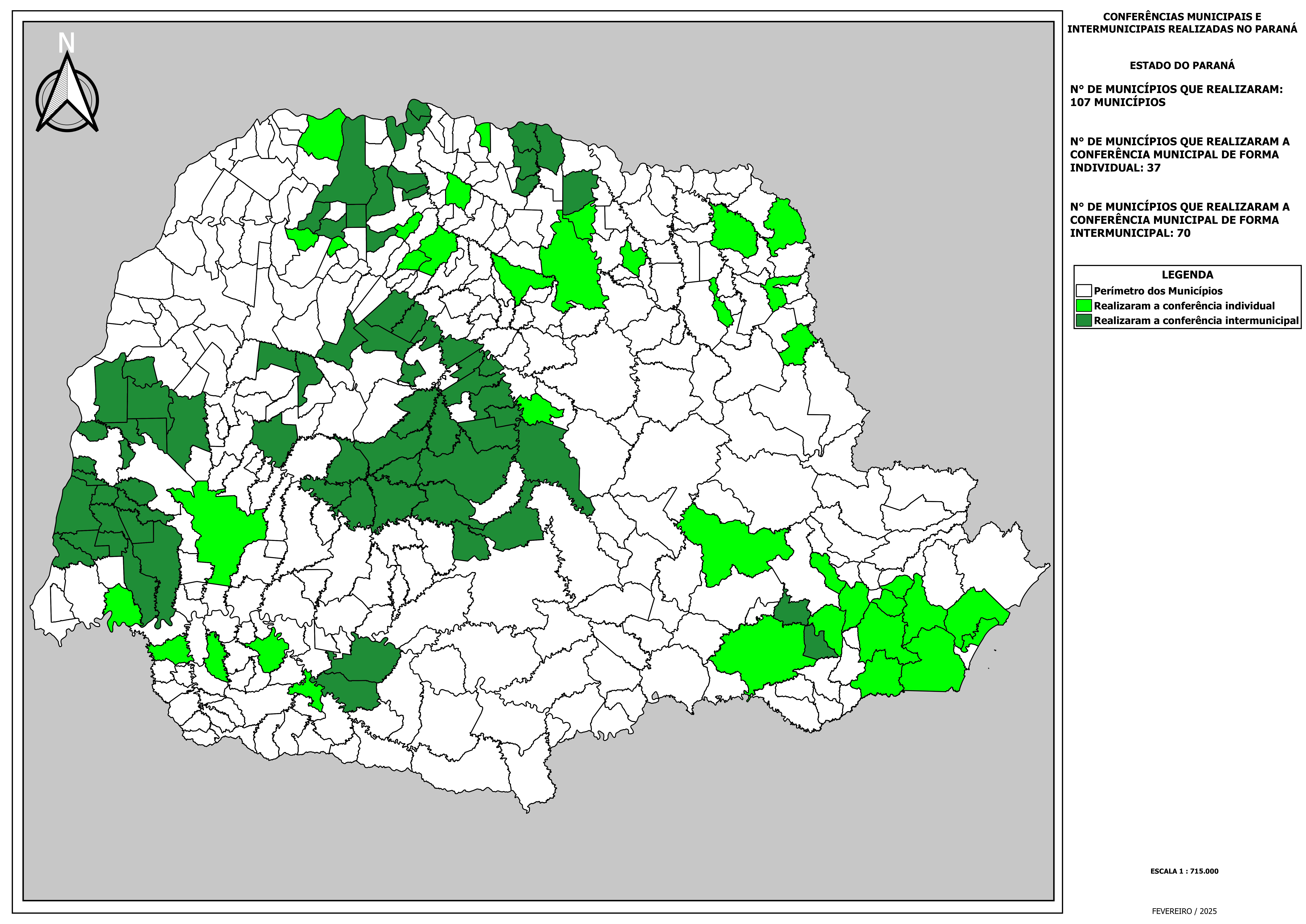 Mapa do Paraná com divisões dos municípios. Em branco os municípios que não fizeram a conferência de meio ambiente, em verde claro os que fizeram conferências municipais e em verde escuro os que fizeram conferencias intermunicipais.